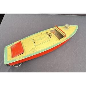 Vintage 30's-40's Large toy tin windup Speed Boat inboard battery light